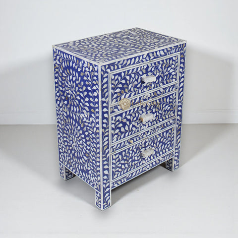 Mother Of Pearl Inlay Floral 3 Drawer Bedside Blue