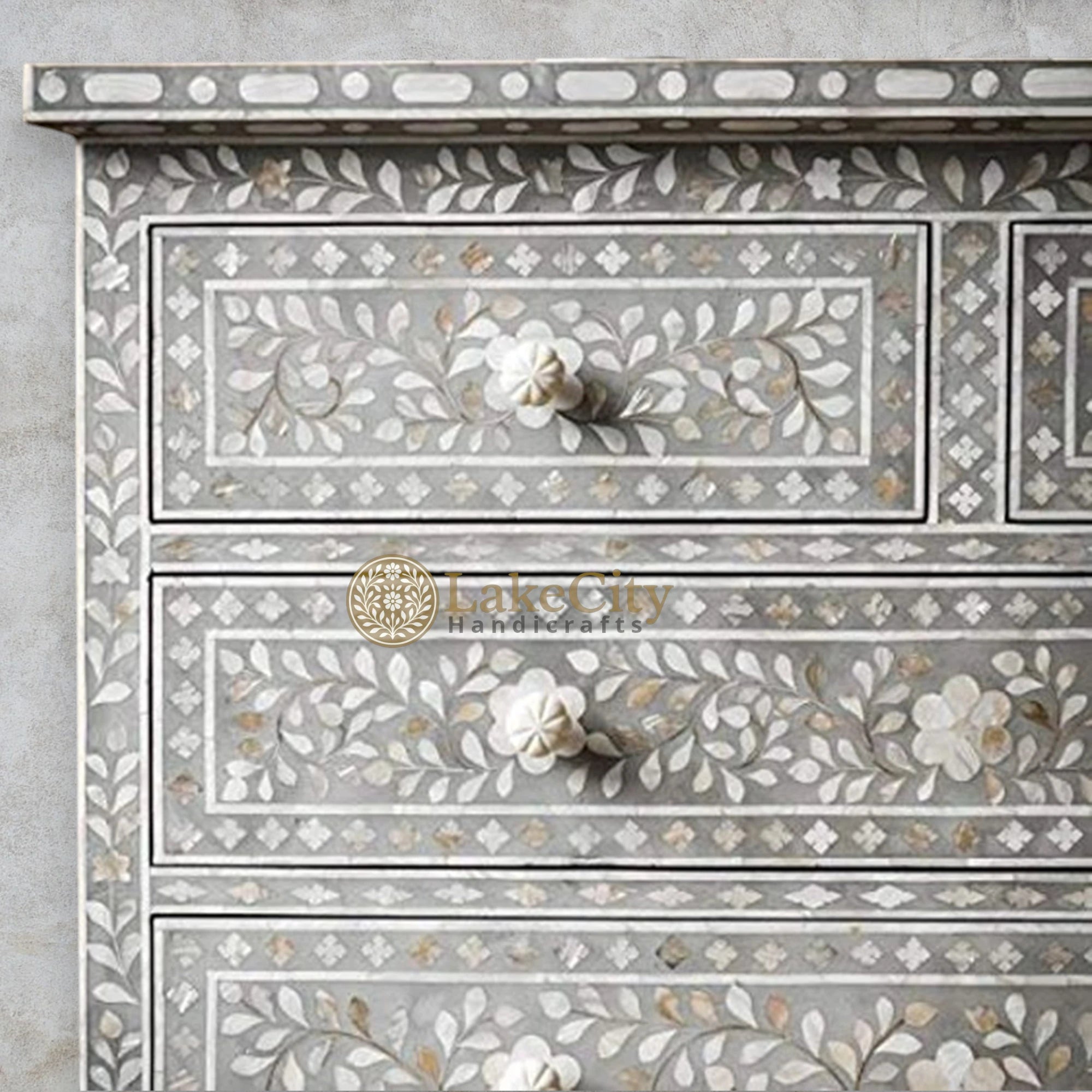 Mother Of Pearl Inlay Floral 7 Drawers Chest Dark Grey | Mother Of Pearl Inlay Floral 7 Drawers Dresser Dark Grey