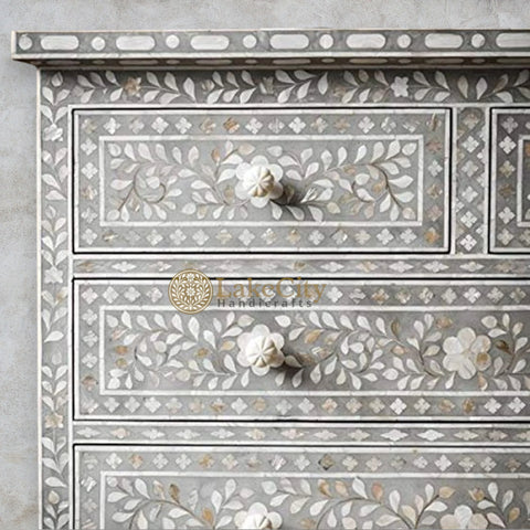 Mother Of Pearl Inlay Floral 7 Drawers Chest Dark Grey | Mother Of Pearl Inlay Floral 7 Drawers Dresser Dark Grey