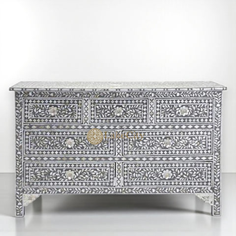 Mother Of Pearl Inlay Floral 7 Drawers Chest Dark Grey | Mother Of Pearl Inlay Floral 7 Drawers Dresser Dark Grey