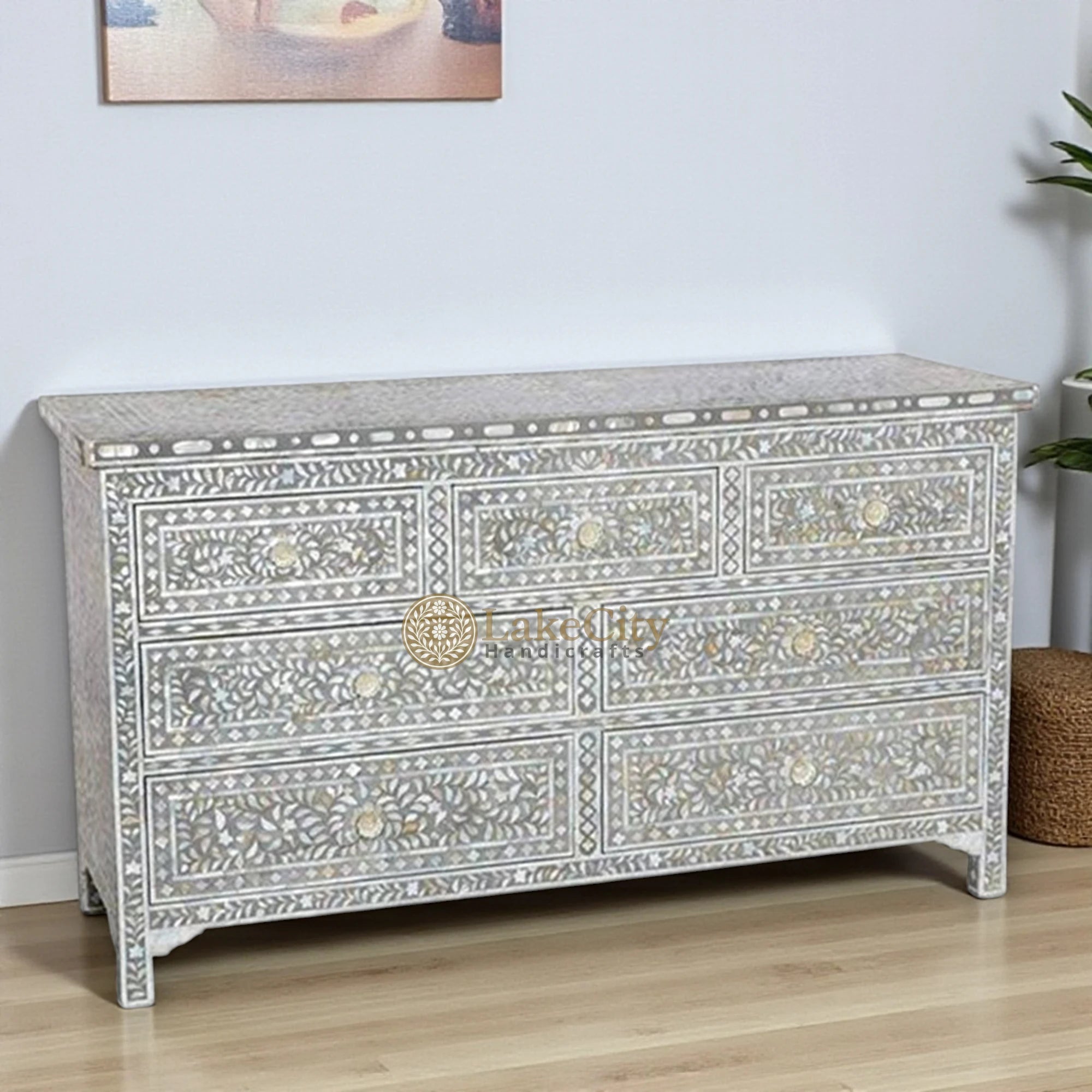 Mother Of Pearl Inlay Floral 7 Drawers Chest Dark Grey | Mother Of Pearl Inlay Floral 7 Drawers Dresser Dark Grey
