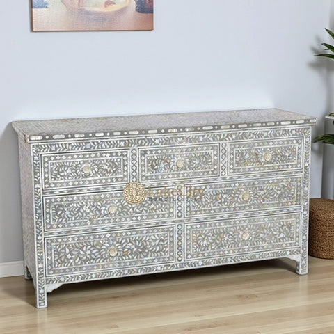 Mother Of Pearl Inlay Floral 7 Drawers Chest Dark Grey | Mother Of Pearl Inlay Floral 7 Drawers Dresser Dark Grey