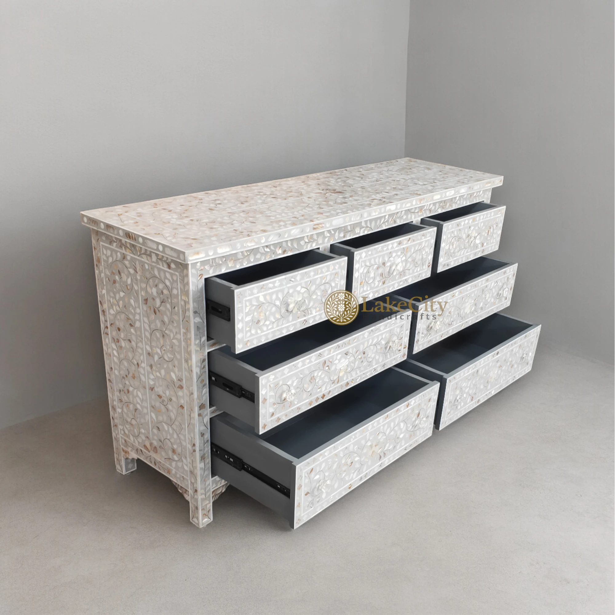 Mother Of Pearl Inlay Floral 7 Drawers Chest Light Grey | Mother Of Pearl Inlay Floral 7 Drawers Dresser Light Grey