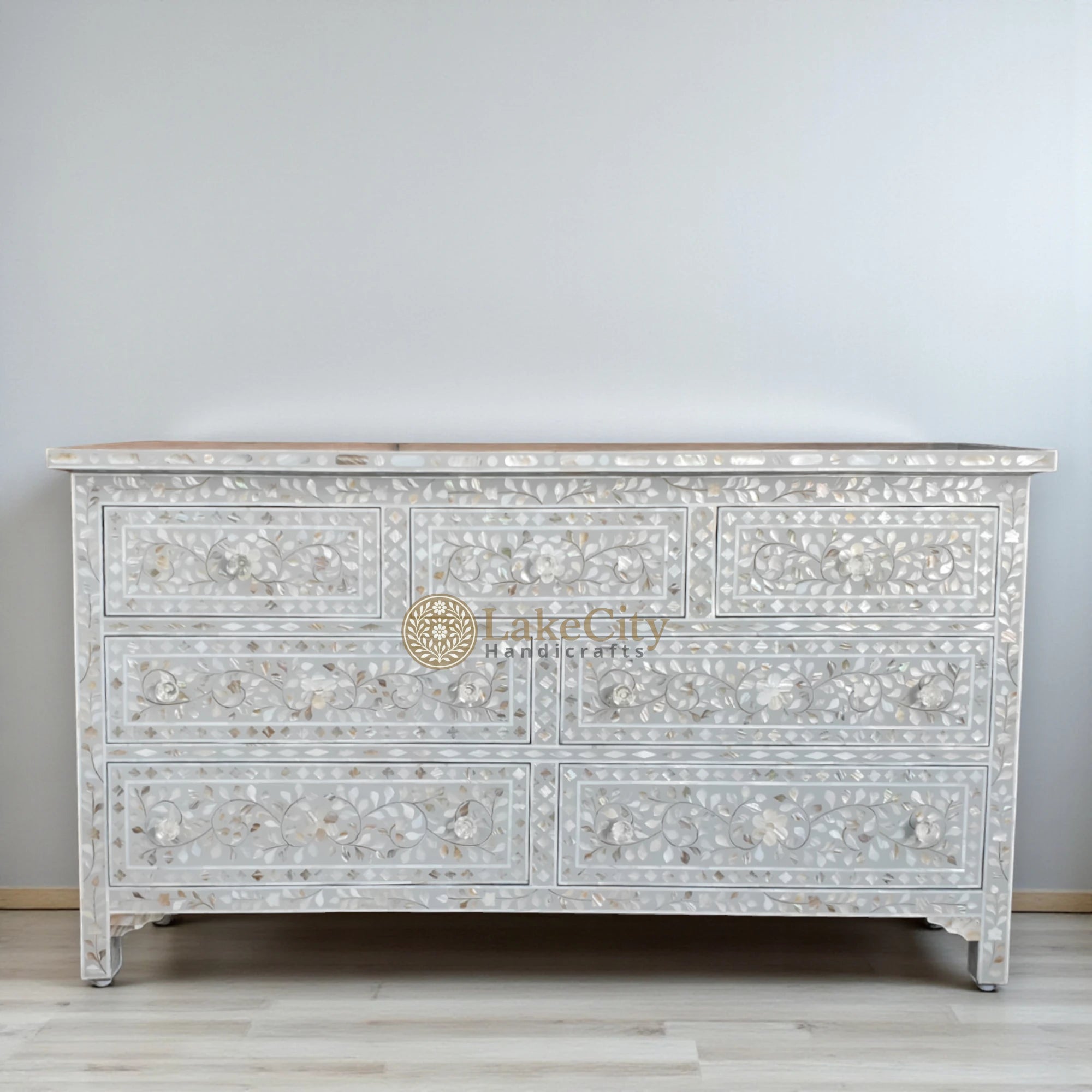 Mother Of Pearl Inlay Floral 7 Drawers Chest Light Grey | Mother Of Pearl Inlay Floral 7 Drawers Dresser Light Grey