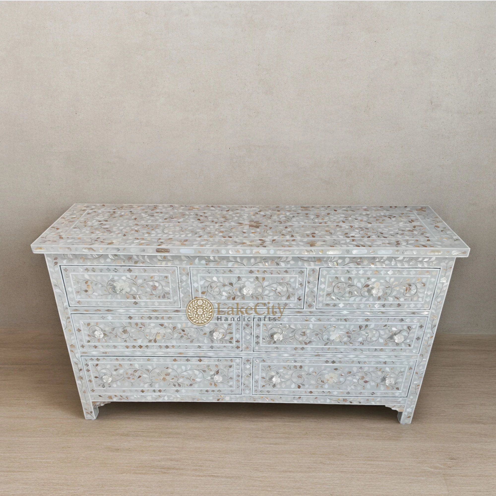 Mother Of Pearl Inlay Floral 7 Drawers Chest Light Grey | Mother Of Pearl Inlay Floral 7 Drawers Dresser Light Grey