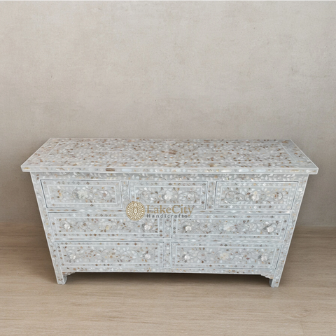 Mother Of Pearl Inlay Floral 7 Drawers Chest Light Grey | Mother Of Pearl Inlay Floral 7 Drawers Dresser Light Grey