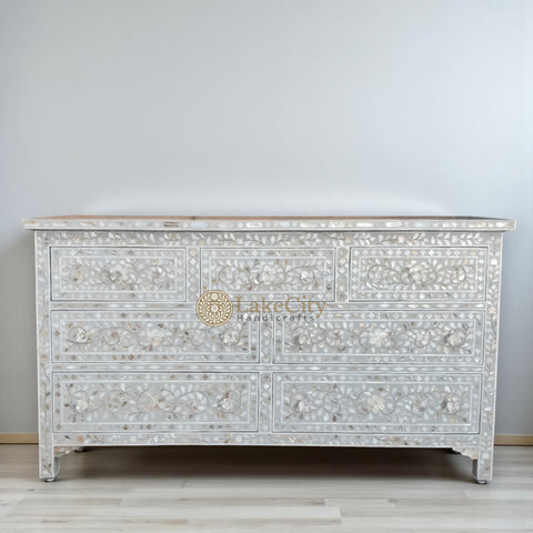 Mother Of Pearl Inlay Floral 7 Drawers Chest Light Grey | Mother Of Pearl Inlay Floral 7 Drawers Dresser Light Grey