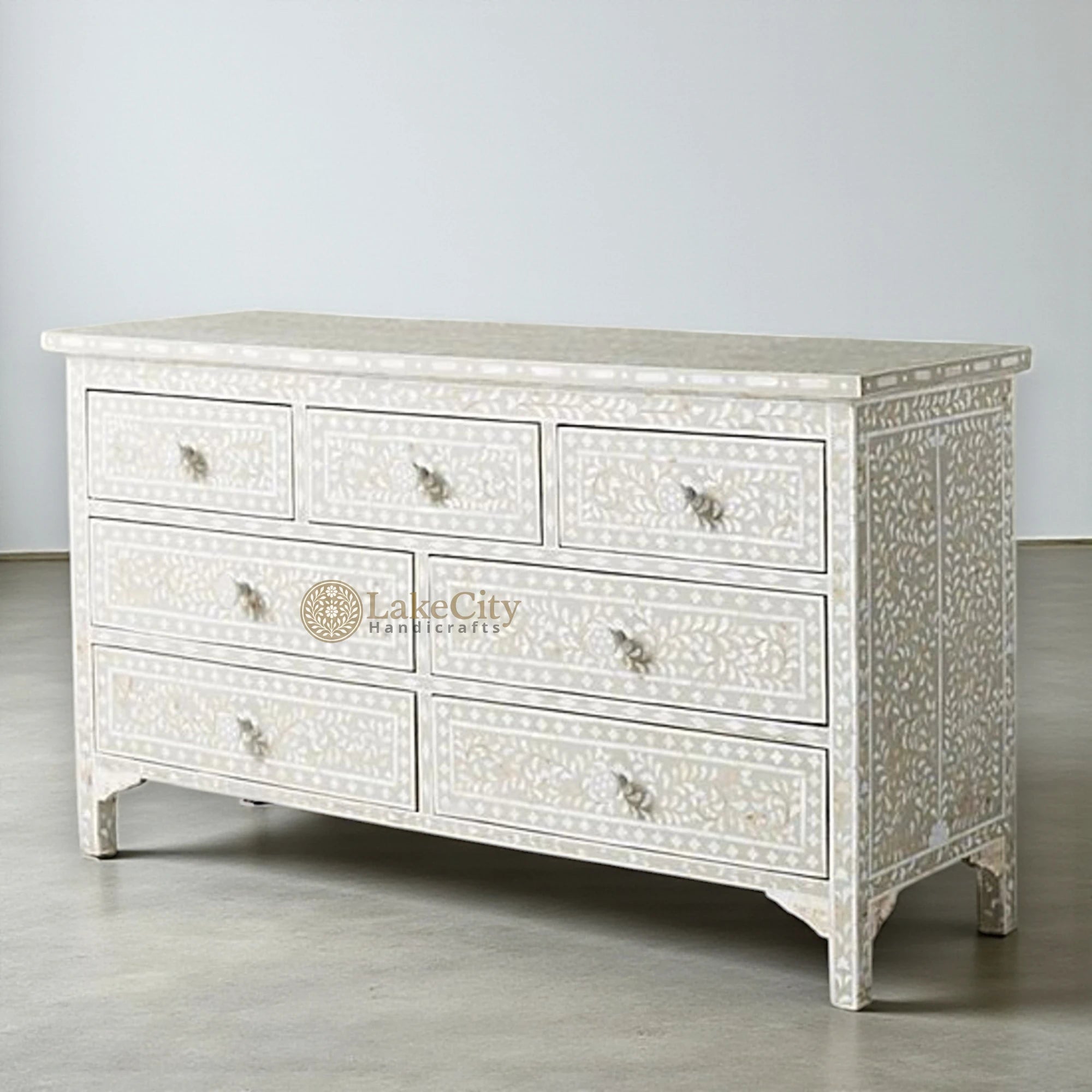 Mother Of Pearl Inlay Floral 7 Drawers Chest Light Grey | Mother Of Pearl Inlay Floral 7 Drawers Dresser Light Grey