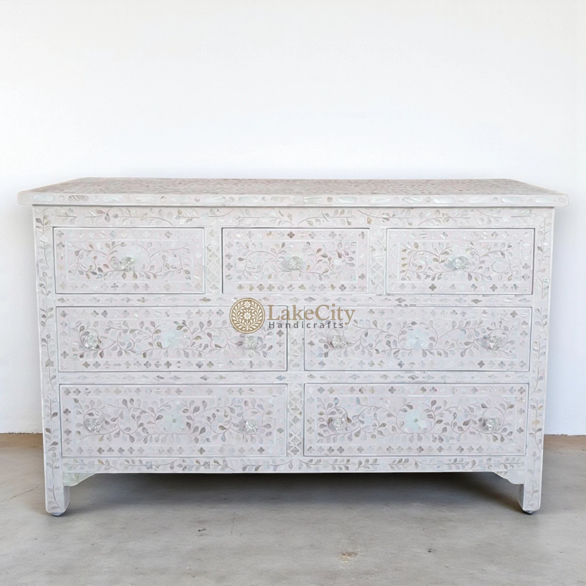Mother Of Pearl Inlay Floral 7 Drawers Chest Light Pink | Mother Of Pearl Inlay Floral 7 Drawers Dresser Light Pink