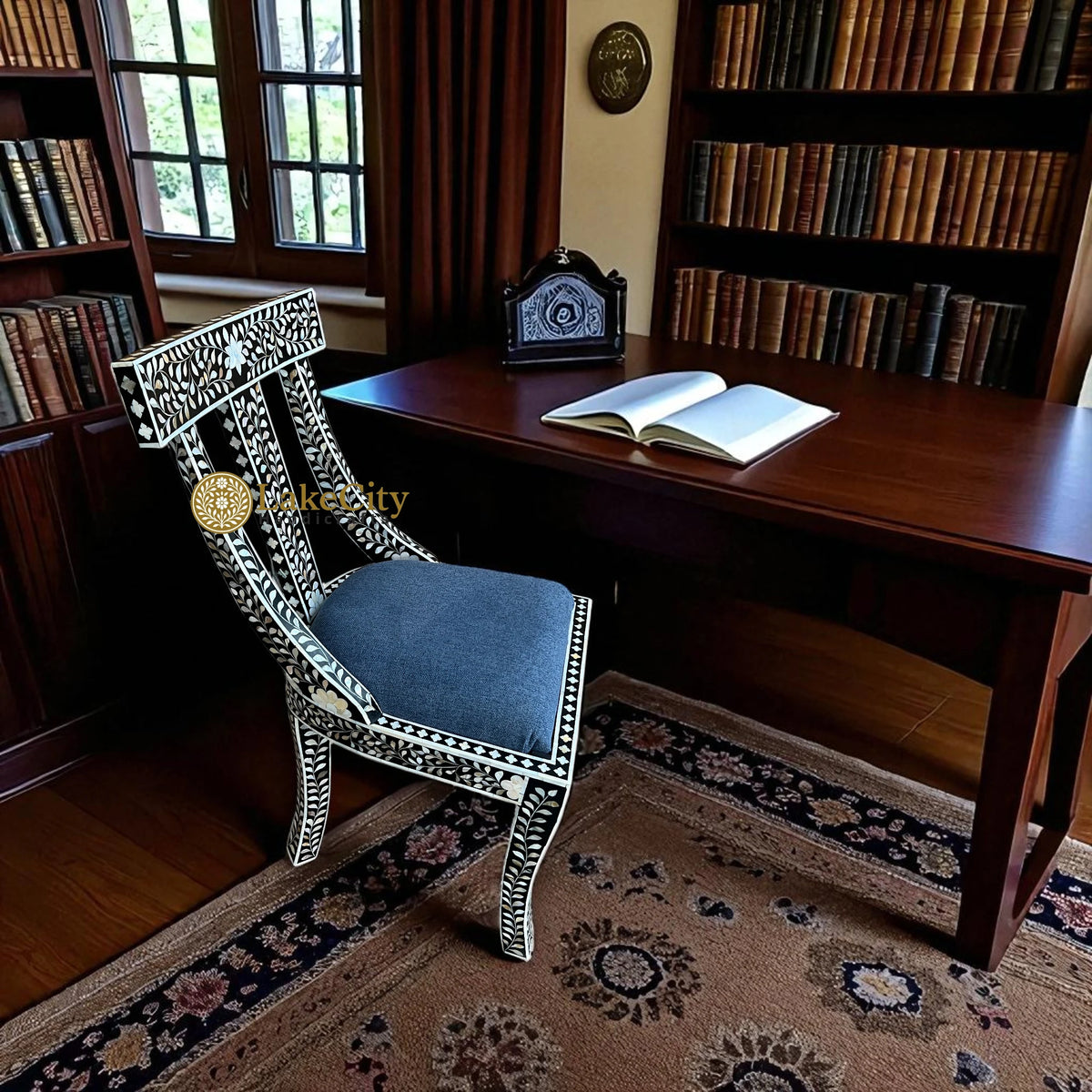 Mother Of Pearl Inlay Floral Chair Black
