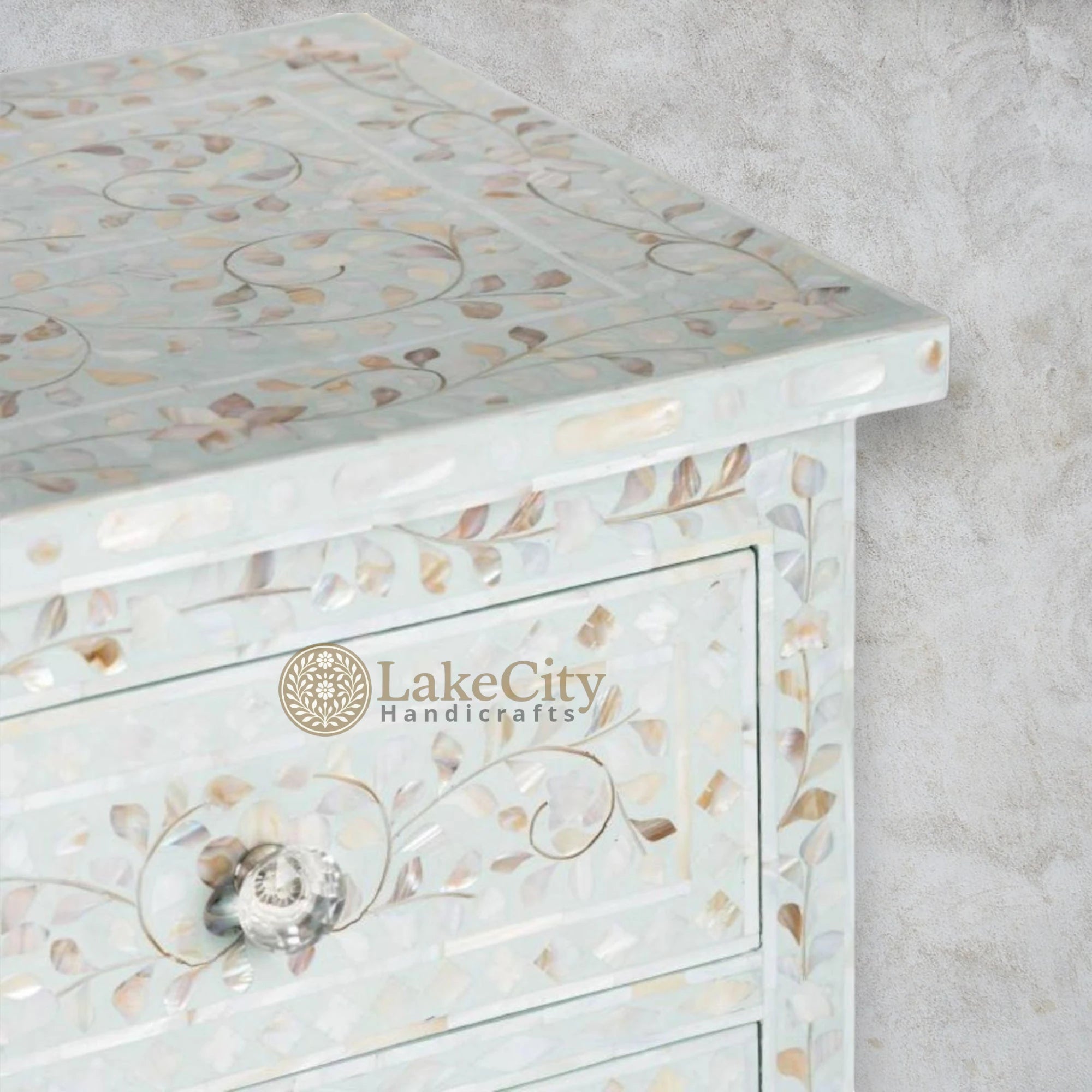 Mother Of Pearl Inlay Floral Chest Of 7 Drawers Pale Blue | Mother Of Pearl Inlay Floral 7 Drawers Dresser Table Pale Blue