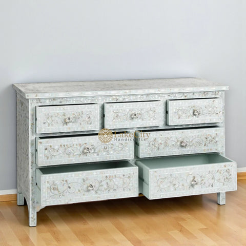 Mother Of Pearl Inlay Floral Chest Of 7 Drawers Pale Blue | Mother Of Pearl Inlay Floral 7 Drawers Dresser Table Pale Blue