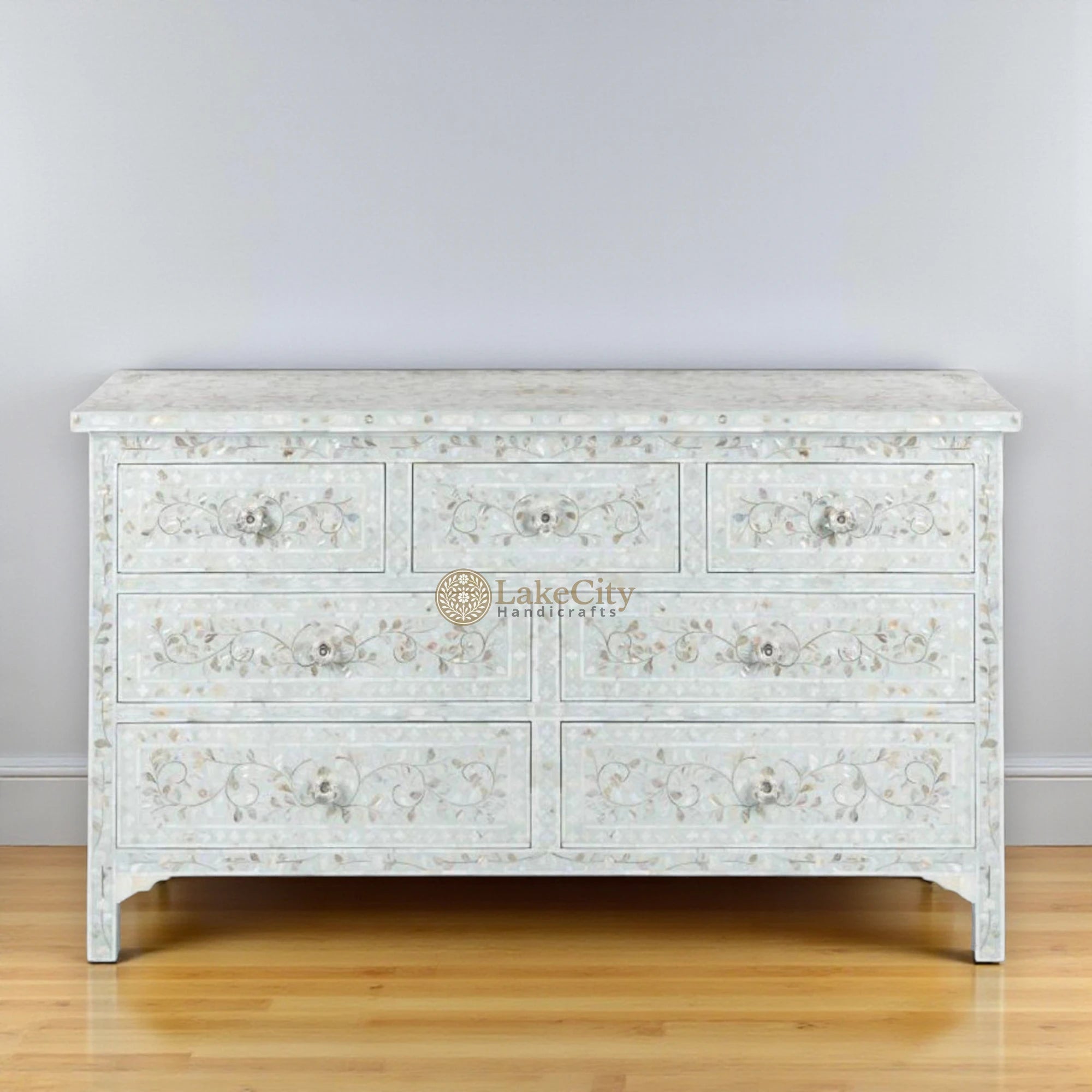 Mother Of Pearl Inlay Floral Chest Of 7 Drawers Pale Blue | Mother Of Pearl Inlay Floral 7 Drawers Dresser Table Pale Blue