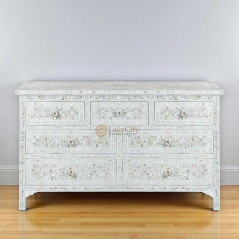 Mother Of Pearl Inlay Floral Chest Of 7 Drawers Pale Blue | Mother Of Pearl Inlay Floral 7 Drawers Dresser Table Pale Blue