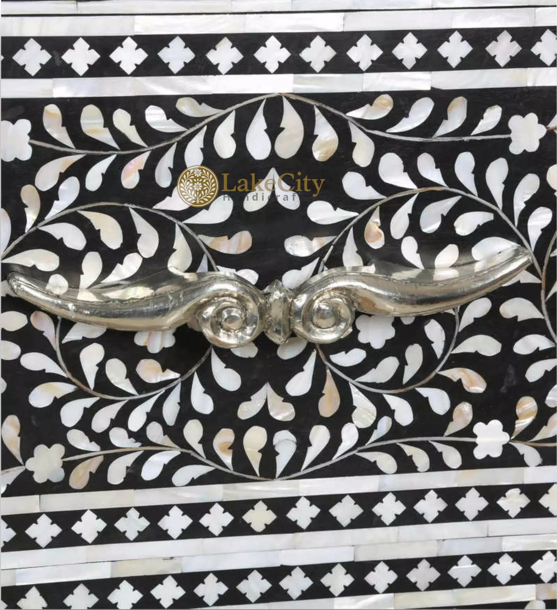 Mother Of Pearl Inlay Floral Design 2 Drawers Chest Metal Legs