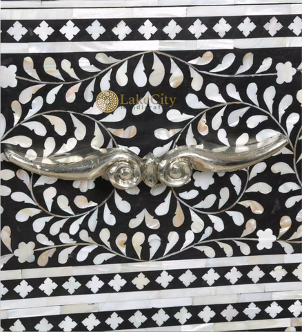 Mother Of Pearl Inlay Floral Design 2 Drawers Chest Metal Legs