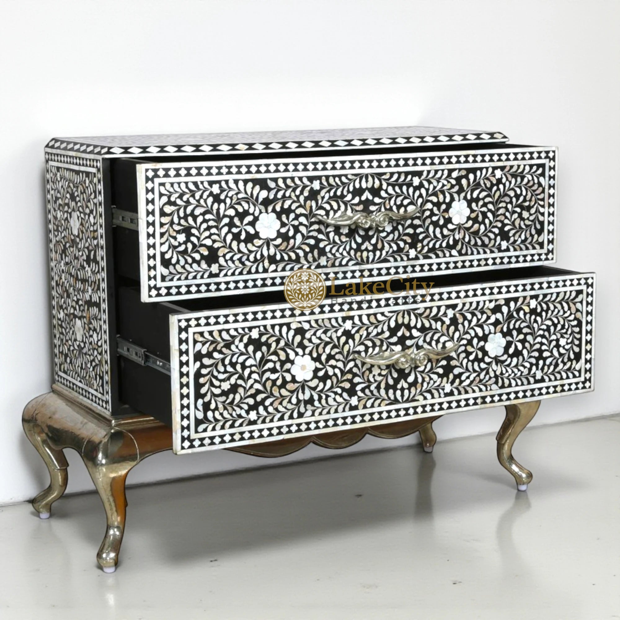 Mother Of Pearl Inlay Floral Design 2 Drawers Chest Metal Legs