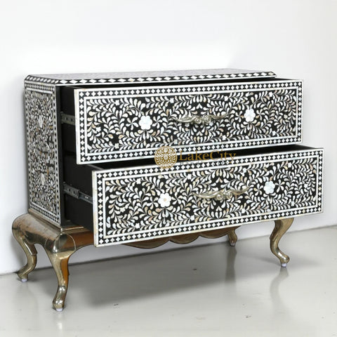 Mother Of Pearl Inlay Floral Design 2 Drawers Chest Metal Legs