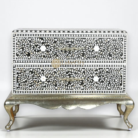 Mother Of Pearl Inlay Floral Design 2 Drawers Chest Metal Legs