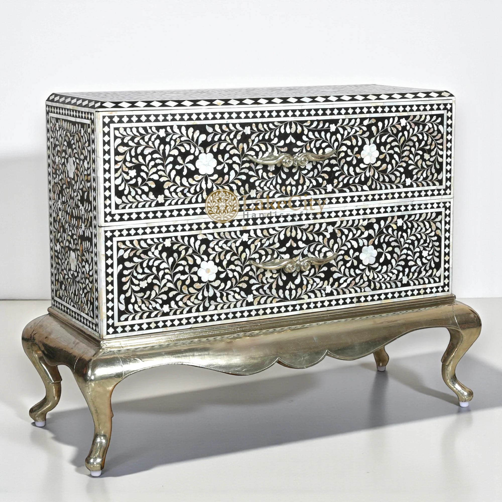 Mother Of Pearl Inlay Floral Design 2 Drawers Chest Metal Legs