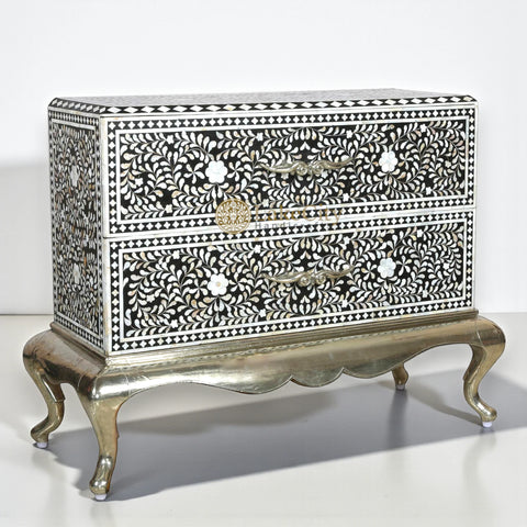 Mother Of Pearl Inlay Floral Design 2 Drawers Chest Metal Legs