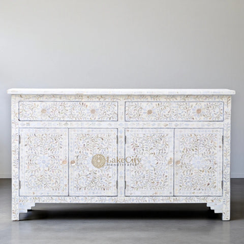 Mother Of Pearl Inlay Floral Design 2 Drawers & 4 Doors Sideboard Table Off-White