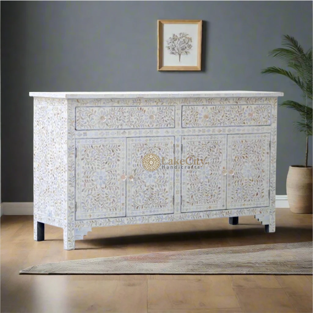 Mother Of Pearl Inlay Floral Design 2 Drawers & 4 Doors Sideboard Table Off-White