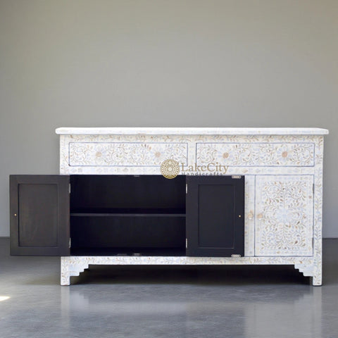 Mother Of Pearl Inlay Floral Design 2 Drawers & 4 Doors Sideboard Table Off-White