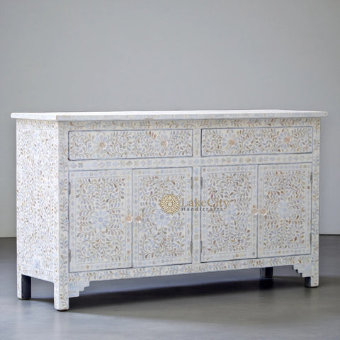 Mother Of Pearl Inlay Floral Design 2 Drawers & 4 Doors Sideboard Table Off-White