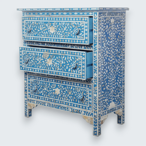 Mother Of Pearl Inlay Floral Design 3 Drawers Chest Blue