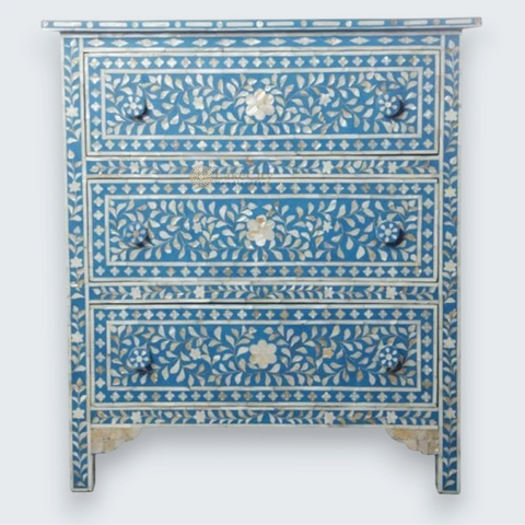 Mother Of Pearl Inlay Floral Design 3 Drawers Chest Blue