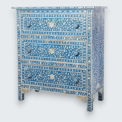 Mother Of Pearl Inlay Floral Design 3 Drawers Chest Blue