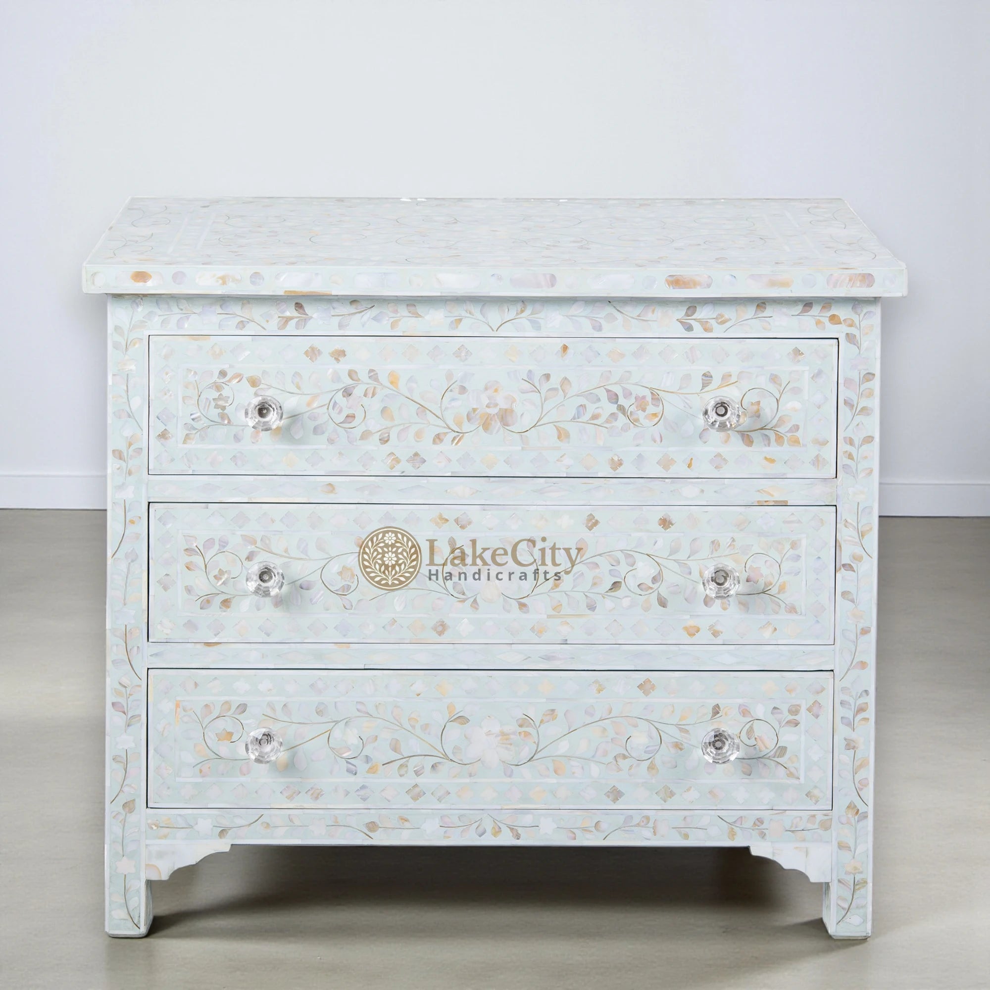 Mother Of Pearl Inlay Floral Design 3 Drawers Chest Pale Blue