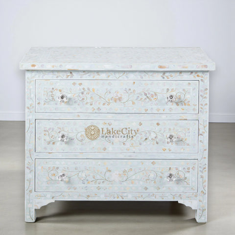 Mother Of Pearl Inlay Floral Design 3 Drawers Chest Pale Blue