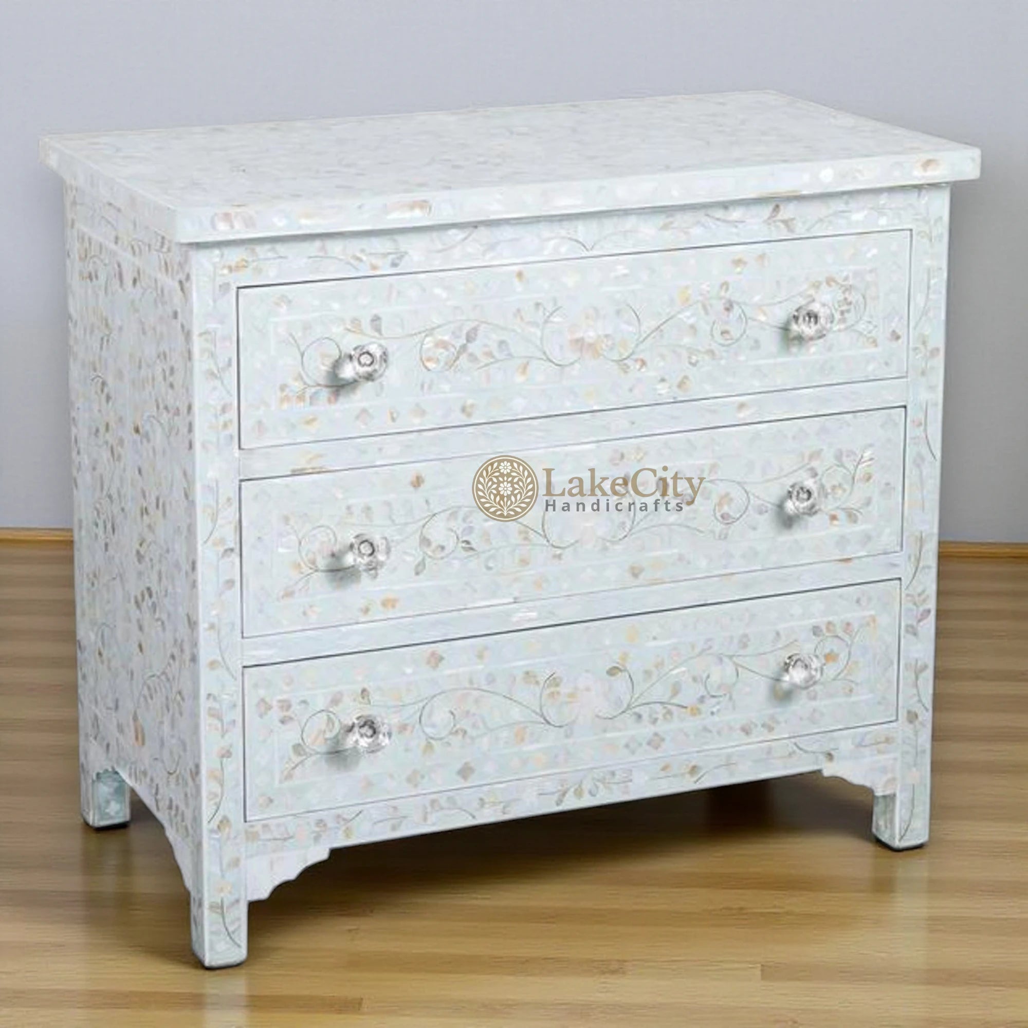 Mother Of Pearl Inlay Floral Design 3 Drawers Chest Pale Blue