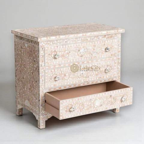 Mother Of Pearl Inlay Floral Design 3 Drawers Chest Pale Pink