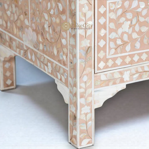 Mother Of Pearl Inlay Floral Design 3 Drawers Chest Pale Pink