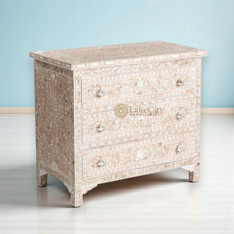 Mother Of Pearl Inlay Floral Design 3 Drawers Chest Pale Pink