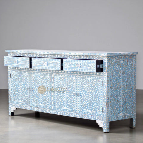 Lillian Mother Of Pearl Inlay Floral Design 3 Drawers & 4 Doors Sideboard Table Turquoise