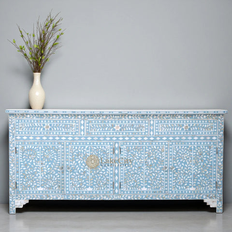 Lillian Mother Of Pearl Inlay Floral Design 3 Drawers & 4 Doors Sideboard Table Turquoise