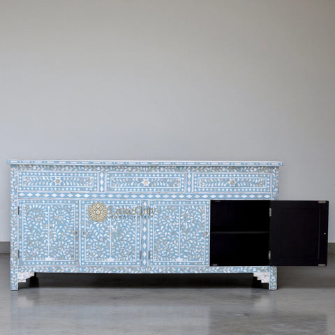 Lillian Mother Of Pearl Inlay Floral Design 3 Drawers & 4 Doors Sideboard Table Turquoise