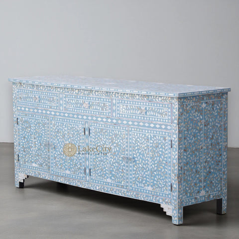 Lillian Mother Of Pearl Inlay Floral Design 3 Drawers & 4 Doors Sideboard Table Turquoise
