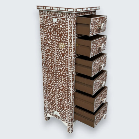 Mother Of Pearl Inlay Floral Design 6 Drawers Tallboy Chest Brown
