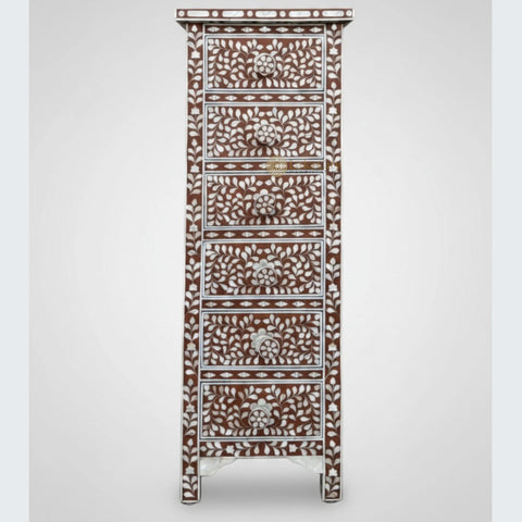 Mother Of Pearl Inlay Floral Design 6 Drawers Tallboy Chest Brown