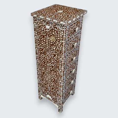 Mother Of Pearl Inlay Floral Design 6 Drawers Tallboy Chest Brown