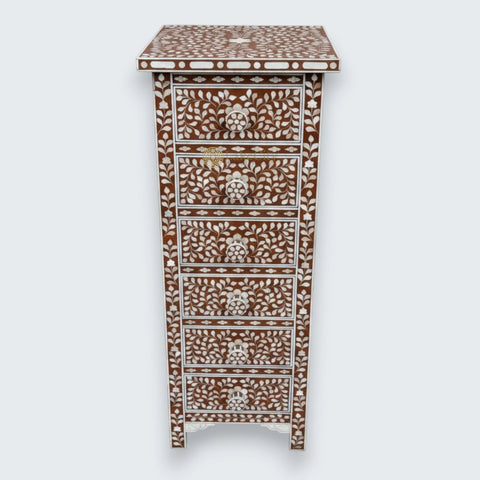 Mother Of Pearl Inlay Floral Design 6 Drawers Tallboy Chest Brown