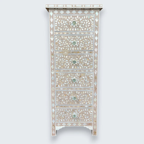 Commode haute à 6 tiroirs avec incrustations de nacre et motif floral, marron