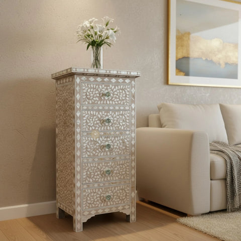Commode haute à 6 tiroirs avec incrustations de nacre et motif floral, marron