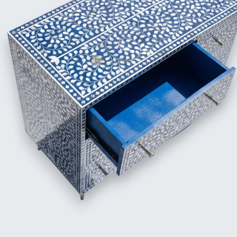 Mother Of Pearl Inlay Floral Design 9 Drawers Dresser Table Blue