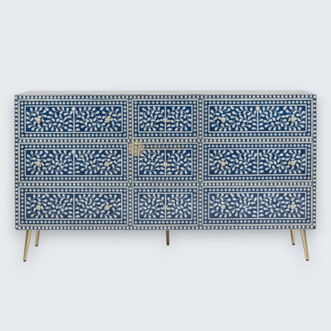 Mother Of Pearl Inlay Floral Design 9 Drawers Dresser Table Blue